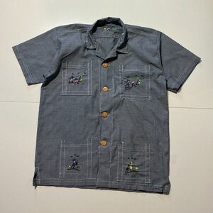 Vintage Blue Chambray Embroidered Guayabera Folk Art Souvenir Button Shirt